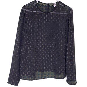 A New Day Women's Long Sleeve Blouse Black Gold Shiny Circles See Through Size M